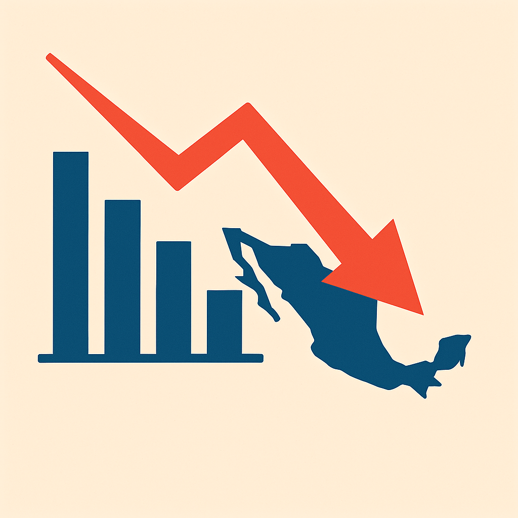 Gráfico ilustrativo que representa la desaceleración económica en México con flechas descendentes, barras decrecientes y un mapa del país.