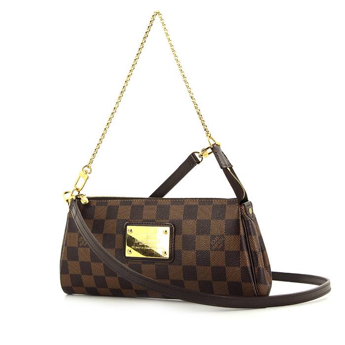 Bolso Louis Vuitton Pochette Eva en lona Damier Ebene con correa de cadena y correa larga de cuero