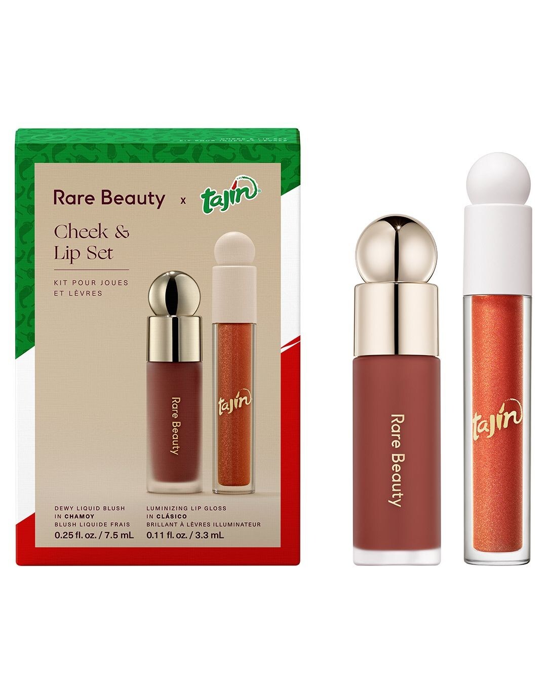 Set de mejillas y labios Rare Beauty x Tajín con rubor líquido en tono Chamoy y gloss en tono Clásico, edición limitada.