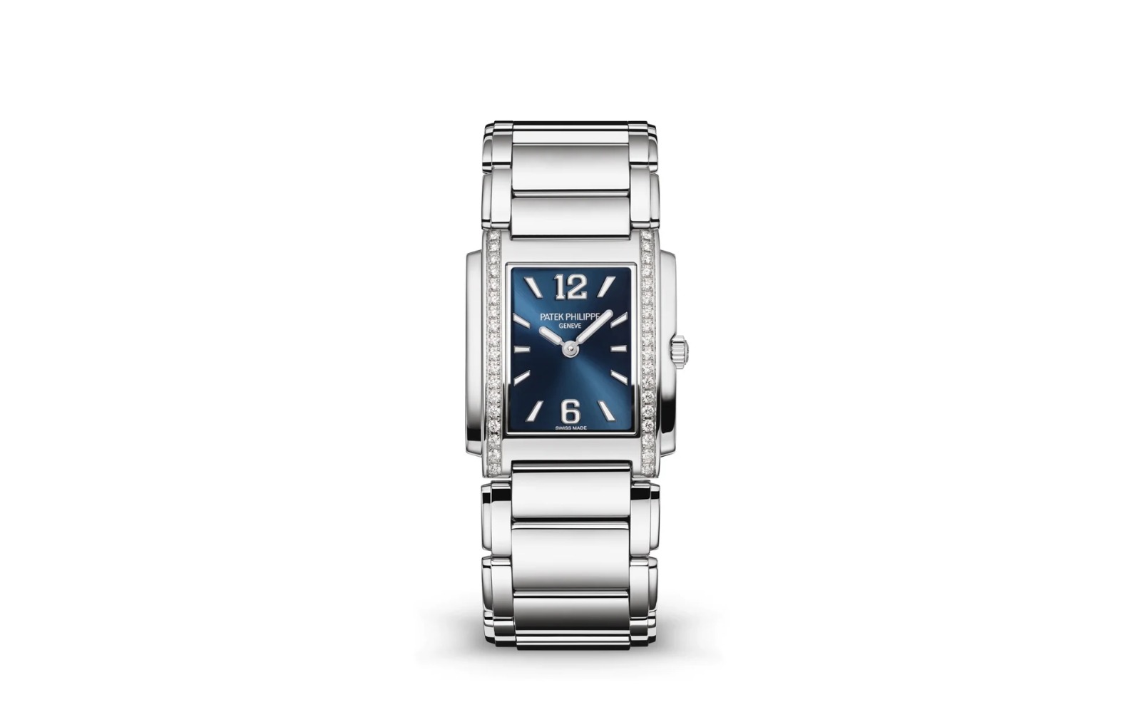 Reloj Patek Philippe Twenty~4 de cuarzo en acero inoxidable con diamantes en el bisel, modelo femenino de lujo suizo.